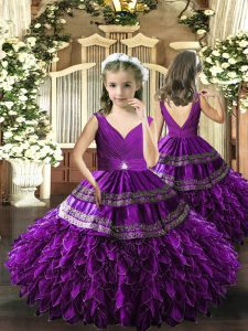 V-neck Sleeveless Pageant Dress for Teens Floor Length Beading and Appliques and Ruffles and Ruching Eggplant Purple Organza
