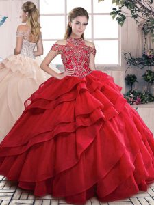 Organza High-neck Sleeveless Lace Up Beading and Ruffled Layers Quinceanera Gown in Red
