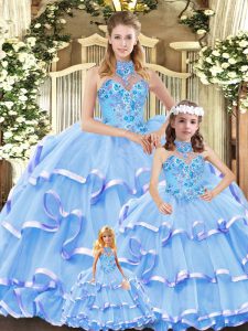 Perfect Blue Ball Gowns Organza Halter Top Sleeveless Embroidery and Ruffled Layers Lace Up Quinceanera Gowns
