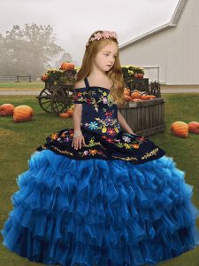 Sleeveless Organza Floor Length Lace Up Child Pageant Dress in Blue with Embroidery and Ruffled Layers