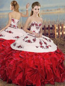 Sleeveless Organza Floor Length Lace Up 15th Birthday Dress in White And Red with Embroidery and Ruffles