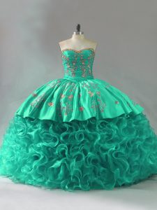 Wonderful Green Quinceanera Gowns Fabric With Rolling Flowers Court Train Sleeveless Embroidery and Ruffles