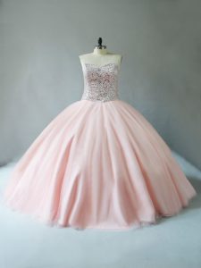 Simple Peach Sleeveless Beading Floor Length 15th Birthday Dress
