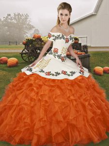 Free and Easy Orange Red Organza Lace Up Off The Shoulder Sleeveless Floor Length Quinceanera Dresses Embroidery and Ruffles