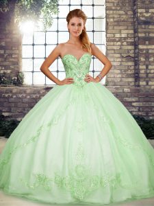 Floor Length Lace Up Quince Ball Gowns Apple Green for Military Ball and Sweet 16 and Quinceanera with Beading and Embroidery