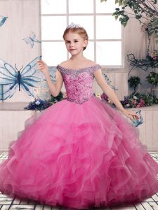 Eye-catching Floor Length Pink Evening Gowns Tulle Sleeveless Beading and Ruffles