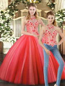 Embroidery Quinceanera Gowns Coral Red Lace Up Sleeveless Floor Length