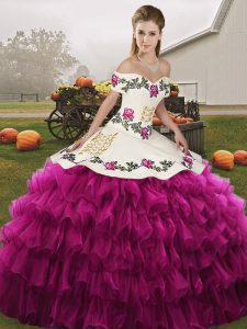 Off The Shoulder Sleeveless Lace Up Sweet 16 Quinceanera Dress Fuchsia Organza