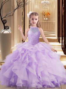 Sleeveless Lace Up Floor Length Beading and Ruffles Little Girls Pageant Gowns
