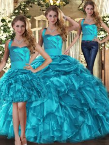 Teal Quince Ball Gowns Military Ball and Sweet 16 and Quinceanera with Ruffles and Pick Ups Halter Top Sleeveless Lace Up