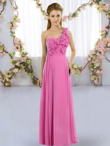 Rose Pink Empire One Shoulder Sleeveless Chiffon Floor Length Lace Up Hand Made Flower Quinceanera Court of Honor Dress