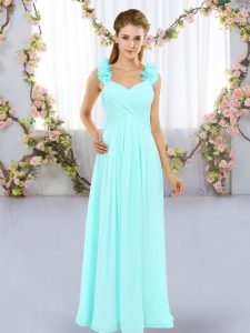 Aqua Blue Empire Straps Sleeveless Chiffon Floor Length Lace Up Hand Made Flower Dama Dress