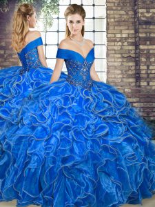 Fantastic Royal Blue 15 Quinceanera Dress Military Ball and Sweet 16 and Quinceanera with Beading and Ruffles Off The Shoulder Sleeveless Lace Up