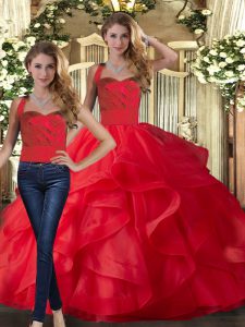 Customized Floor Length Red Quinceanera Dress Tulle Sleeveless Ruffles