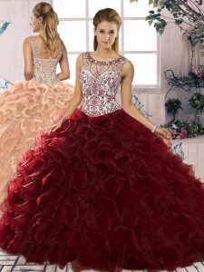 Admirable Burgundy Ball Gowns Scoop Sleeveless Organza Floor Length Lace Up Beading and Ruffles Quinceanera Gowns
