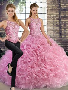 Vintage Floor Length Lace Up Ball Gown Prom Dress Rose Pink for Military Ball and Sweet 16 and Quinceanera with Beading
