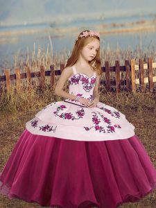 Classical Fuchsia Lace Up Little Girl Pageant Dress Sleeveless Floor Length Embroidery and Bowknot