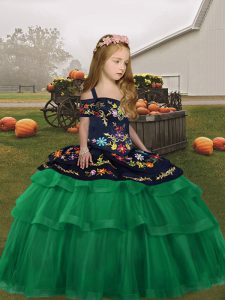 Floor Length Lace Up Kids Formal Wear Green for Party and Wedding Party with Embroidery and Ruffled Layers