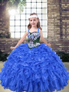 Ball Gowns Pageant Dress Wholesale Blue Straps Organza Sleeveless Floor Length Lace Up