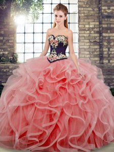Sleeveless Sweep Train Embroidery and Ruffles Lace Up Quinceanera Dresses