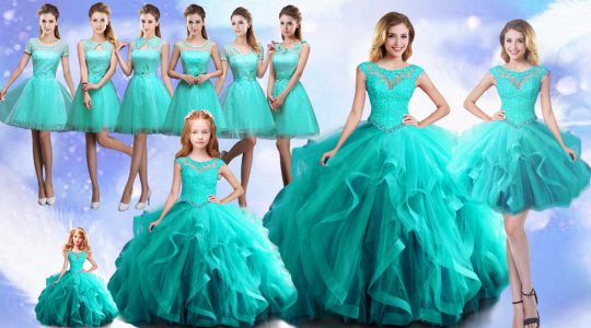 Custom Design Aqua Blue Scoop Neckline Beading Ball Gown Prom Dress Cap Sleeves Lace Up