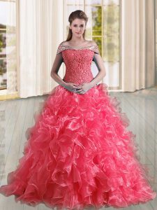 Coral Red A-line Off The Shoulder Sleeveless Organza Sweep Train Lace Up Beading and Lace and Ruffles Sweet 16 Dress