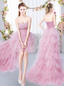 Pink Lace Up Sweetheart Beading and Ruffles Court Dresses for Sweet 16 Tulle Sleeveless