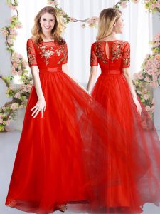Clearance Red Tulle Zipper Scoop Short Sleeves Floor Length Court Dresses for Sweet 16 Appliques