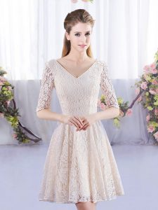 Noble Mini Length Lace Up Quinceanera Court of Honor Dress Champagne for Prom and Party and Wedding Party with Lace