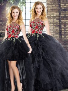 Designer Black Sweet 16 Quinceanera Dress Military Ball and Sweet 16 and Quinceanera with Embroidery and Ruffles Scoop Sleeveless Zipper