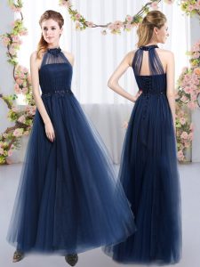Most Popular Navy Blue Lace Up High-neck Appliques Damas Dress Tulle Sleeveless