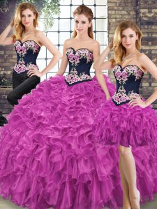 Floor Length Fuchsia Quinceanera Gown Organza Sleeveless Embroidery and Ruffles