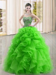 Adorable Green Ball Gowns Sweetheart Sleeveless Organza Floor Length Lace Up Beading and Ruffles 15 Quinceanera Dress