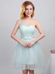 Dramatic One Shoulder Apple Green Lace Up Quinceanera Court of Honor Dress Lace and Appliques and Belt Sleeveless Mini Length