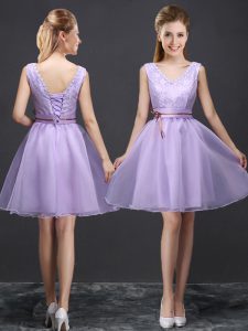Fabulous Mini Length Lavender Dama Dress for Quinceanera V-neck Sleeveless Lace Up