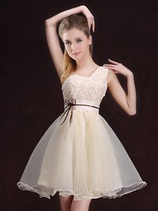 Captivating One Shoulder Champagne Lace Up Quinceanera Dama Dress Appliques and Belt Sleeveless Mini Length