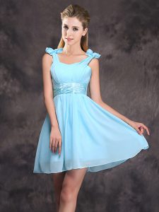 Artistic Straps Ruching and Bowknot Quinceanera Court of Honor Dress Baby Blue Zipper Sleeveless Mini Length