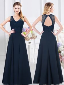 Pretty Lace and Ruching Quinceanera Dama Dress Navy Blue Backless Sleeveless Floor Length