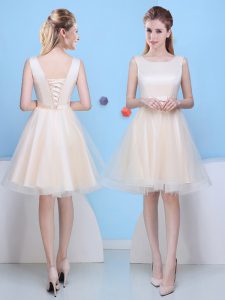 Traditional Scoop Sleeveless Damas Dress Knee Length Bowknot Champagne Tulle