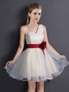 One Shoulder Mini Length Lace Up Damas Dress Champagne for Prom and Party and Wedding Party with Lace and Hand Made Flower