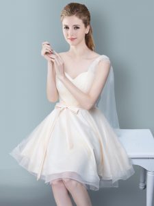 Unique One Shoulder Sleeveless Tulle Knee Length Zipper Quinceanera Dama Dress in Champagne with Ruching and Bowknot
