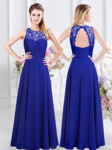 Unique Scoop Sleeveless Floor Length Lace Backless Dama Dress for Quinceanera with Royal Blue