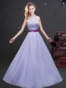 Halter Top Lavender Zipper Court Dresses for Sweet 16 Belt Sleeveless Floor Length
