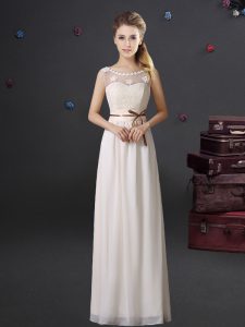 Dynamic Scoop See Through Lace and Appliques and Belt Dama Dress White Lace Up Sleeveless Floor Length