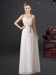 Charming Chiffon Sleeveless Floor Length Dama Dress for Quinceanera and Lace and Appliques and Belt