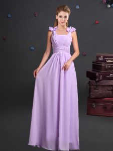 Straps Floor Length Lavender Quinceanera Court Dresses Chiffon Sleeveless Ruching and Hand Made Flower