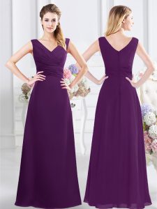 Luxurious V-neck Sleeveless Quinceanera Court of Honor Dress Floor Length Ruching Purple Chiffon