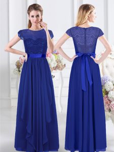 Royal Blue Empire Chiffon Scoop Short Sleeves Lace and Belt Floor Length Zipper Damas Dress