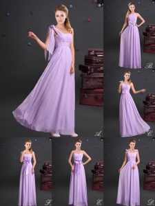 Beautiful Floor Length Lavender Quinceanera Court of Honor Dress One Shoulder Sleeveless Zipper
