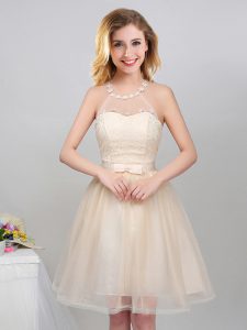 Pretty Halter Top Champagne Sleeveless Tulle Lace Up Quinceanera Court Dresses for Prom and Party and Wedding Party